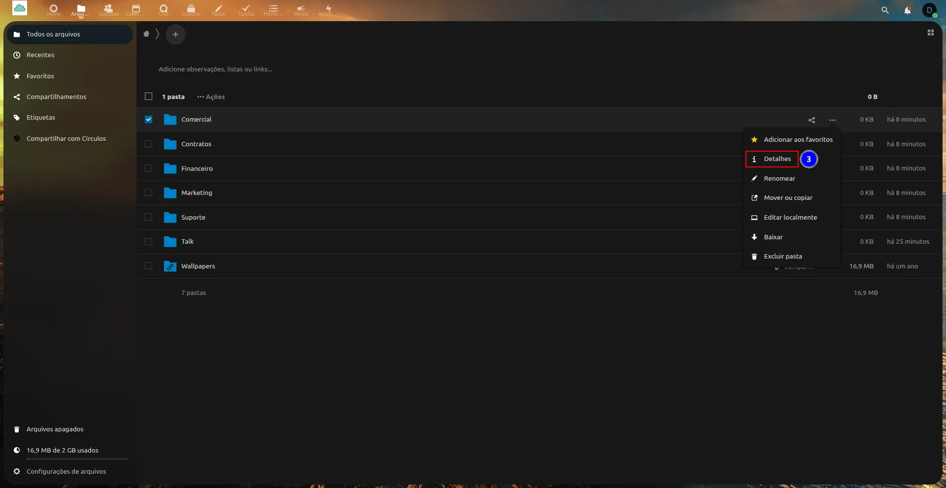 Menu de detalhes com opções de gerenciamento da pasta