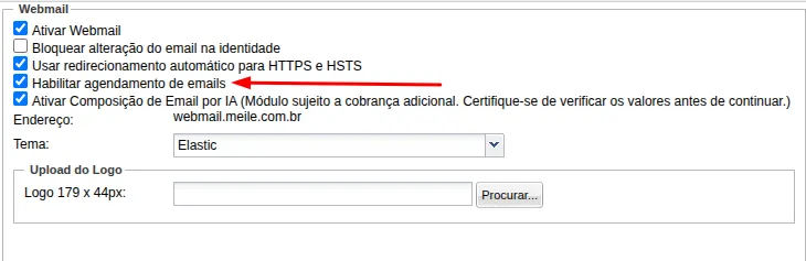 Opção Habilitar agendamento de e-mails no Painel Supramail