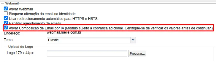Opção Ativar Composição de E-mail por IA no Painel Supramail