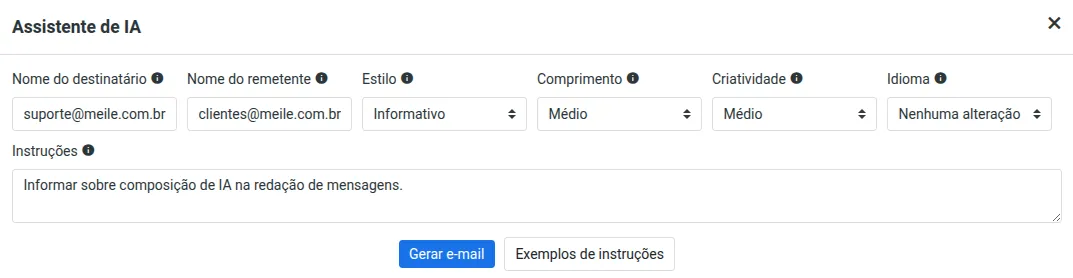 Assistente de IA com os critérios para compor o e-mail