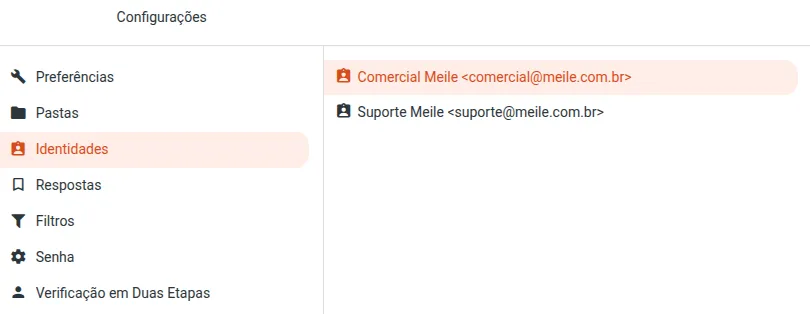Tela de Identidades nas configurações do Webmail