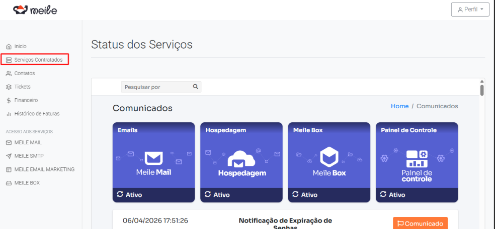 Opção Serviços Contratados no Portal do Cliente da Meile