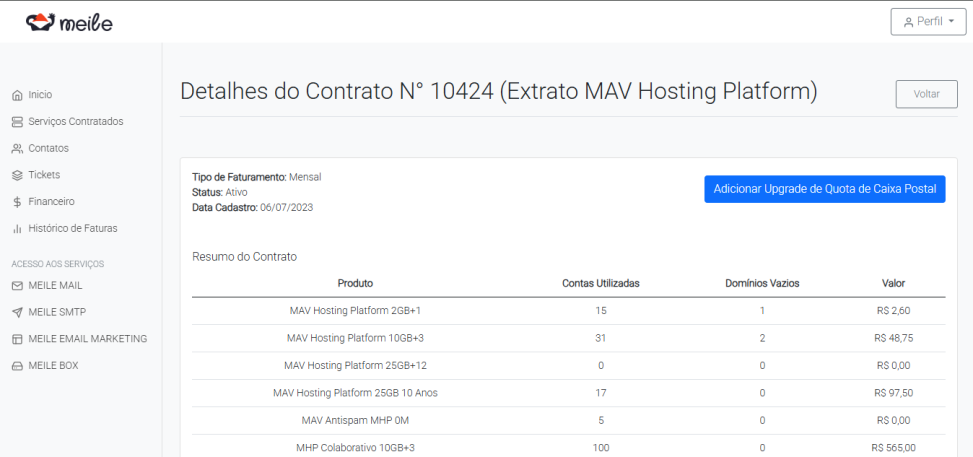 Botão Adicionar Upgrade de Quota de Caixa Postal para revendedores