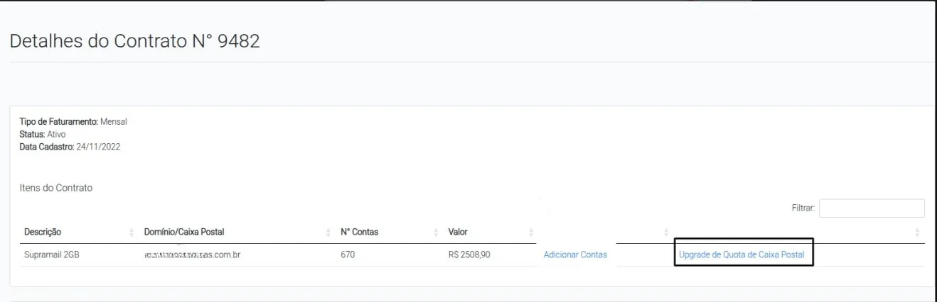 Opção Upgrade de Quota de Caixa Postal para clientes finais