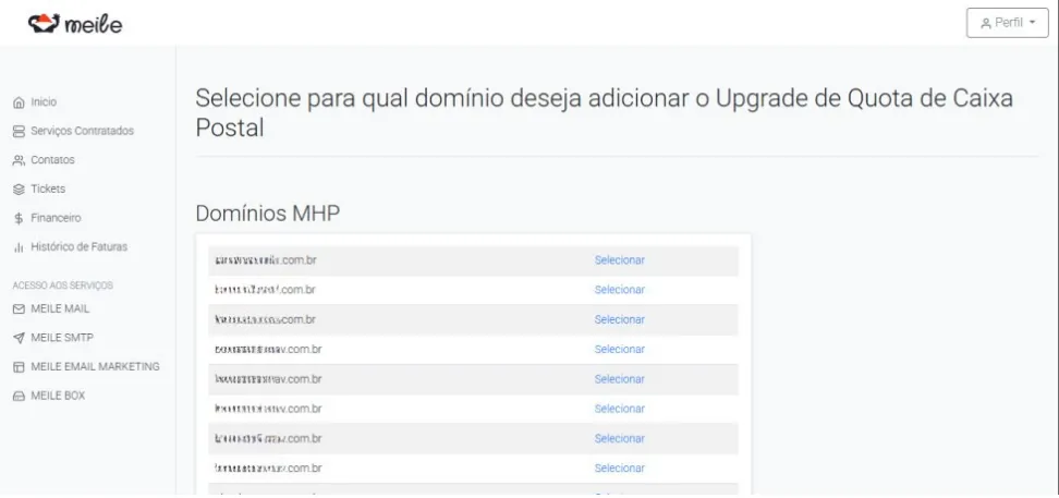 Seleção de domínio de revenda para upgrade de quota