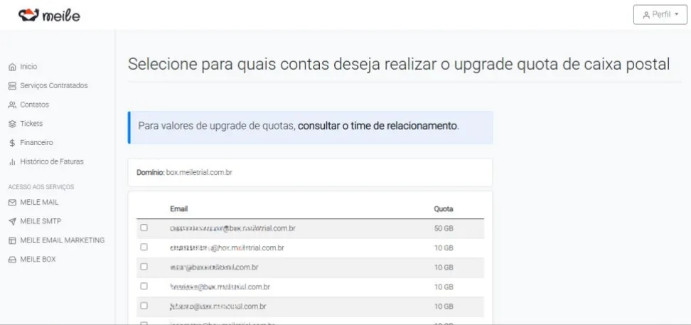 Seleção das contas de e-mail que terão a quota alterada
