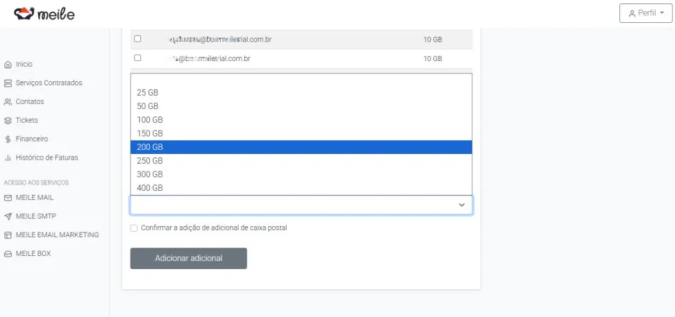 Escolha da capacidade de armazenamento da caixa postal