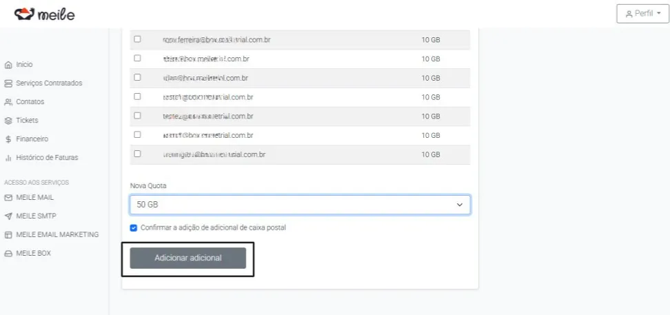 Botão Adicionar adicional para concluir o upgrade de quota