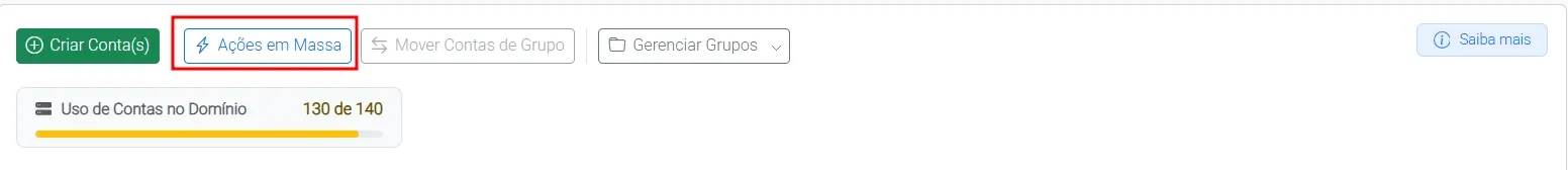 Barra superior da listagem de contas com o botão Ações em Massa em destaque